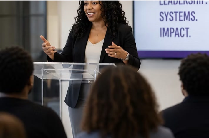 LaKiesha George speaking to education leaders